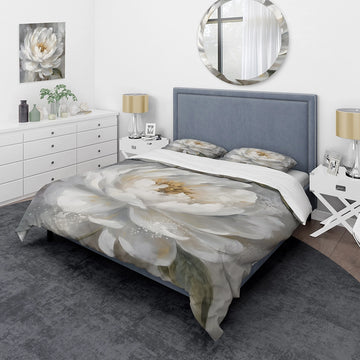 White Grey Peonies Artistry - Duvet Cover Set